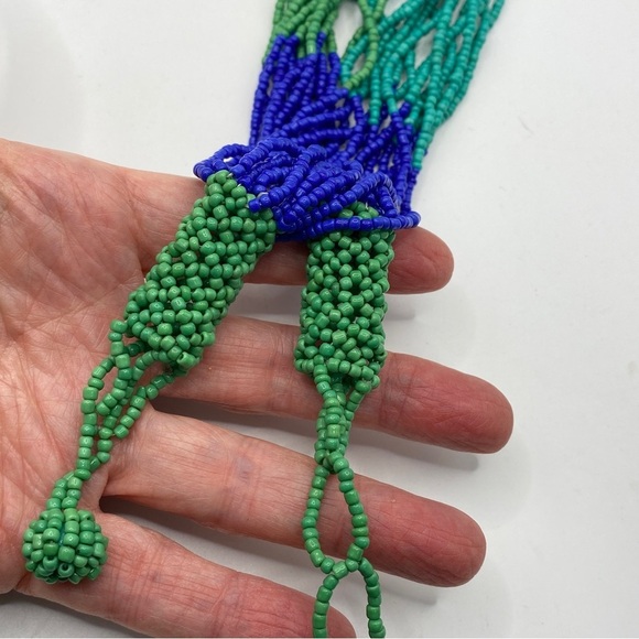 Blue & Green Seed Beads Artisan Made Multi-Strand Necklace - Picture 3 of 8
